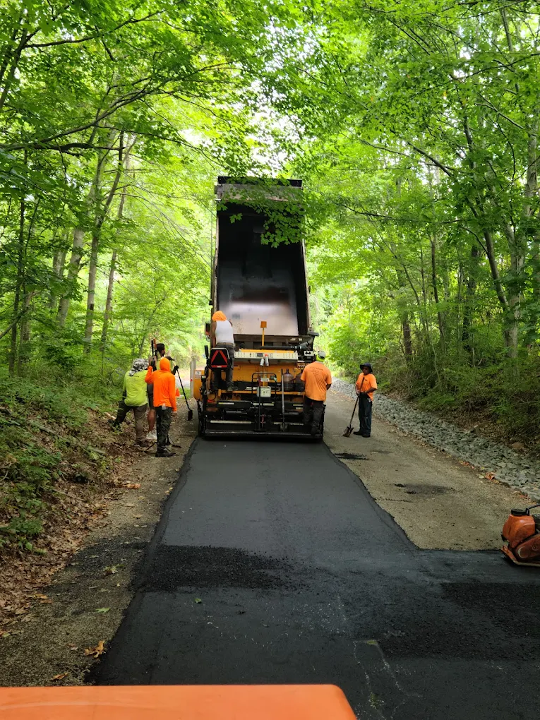 Road crew paving a rural asphalt road in a forest area using a dump truck and paver, surrounded by dense green trees.