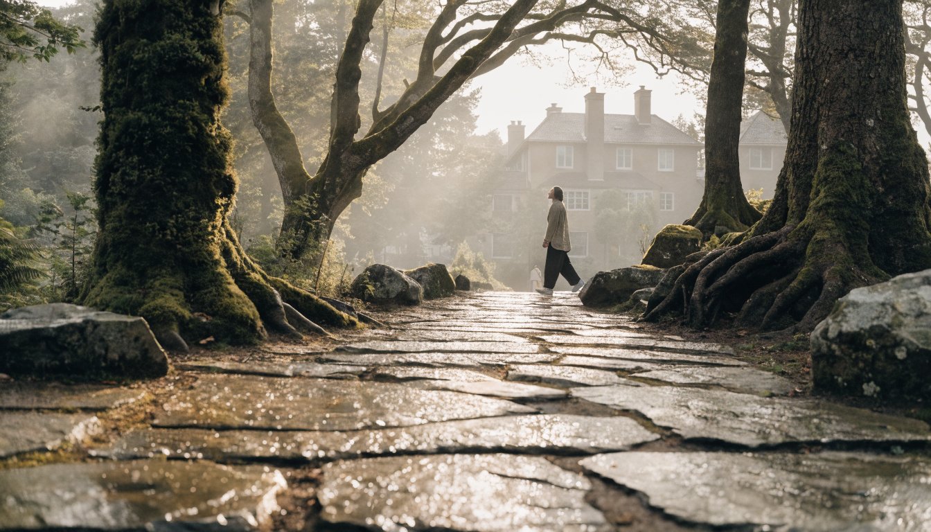 Individual walking thoughtfully on a stone trail surrounded by tall trees and light mist