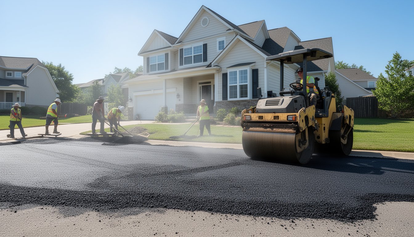 Asphalt & Concrete Solutions crew completing smooth blacktop finish