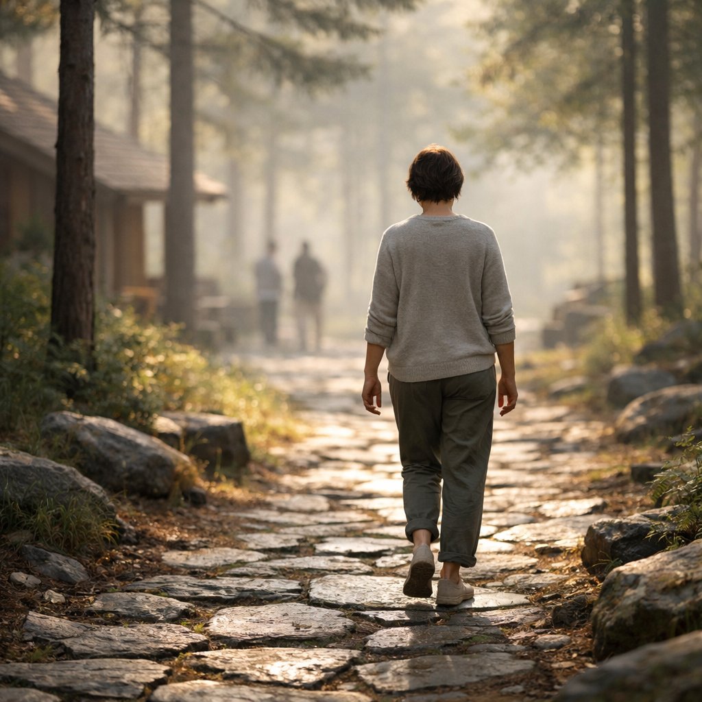 Person strolling along a wooded stone path in a tranquil recovery environment