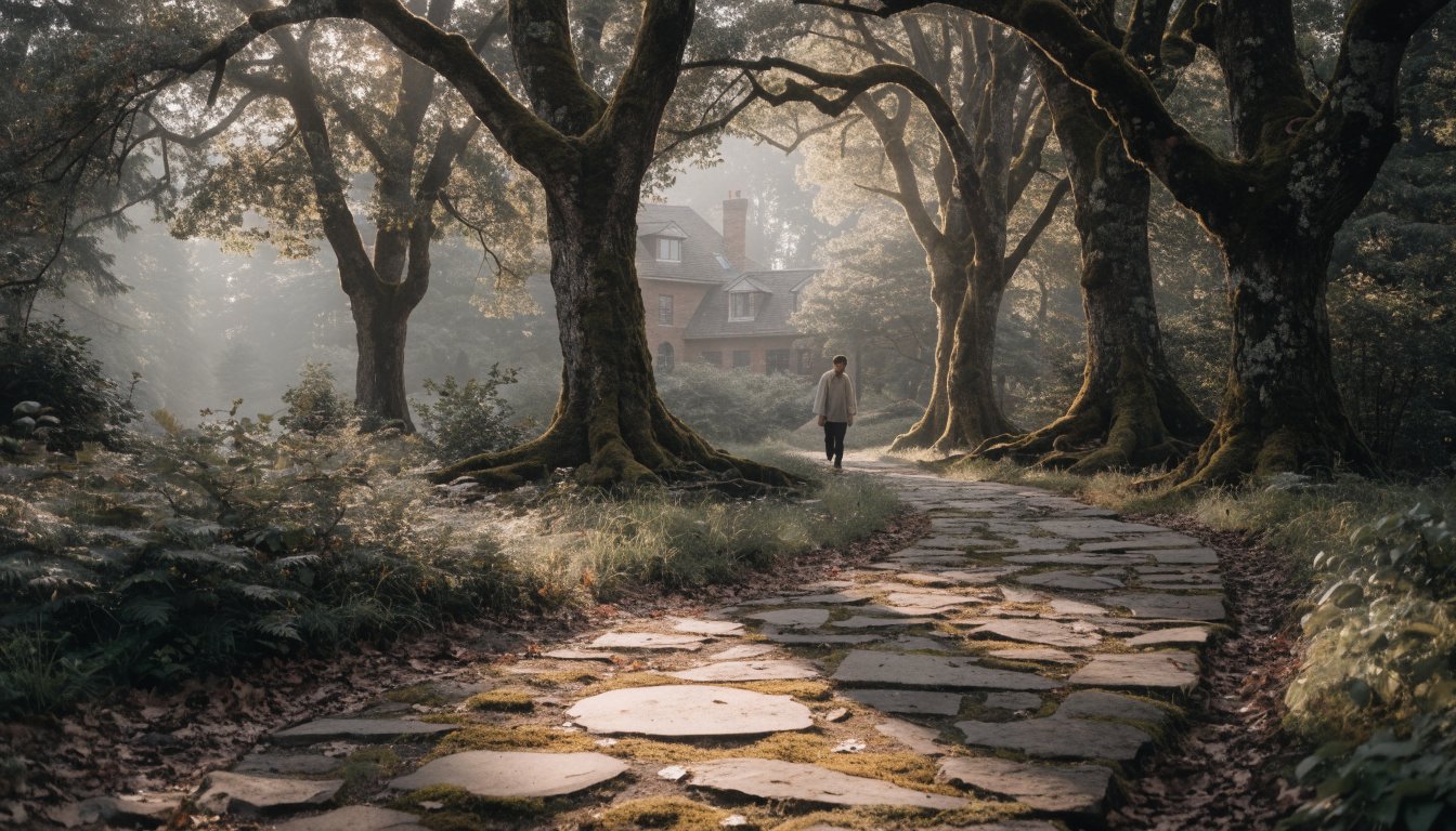 Rustic stone pathway winding through a quiet forest at sunrise