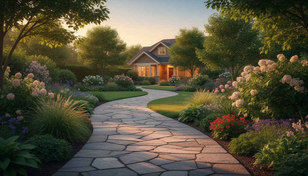 Curving stone path surrounded by blooming flowers at sunset