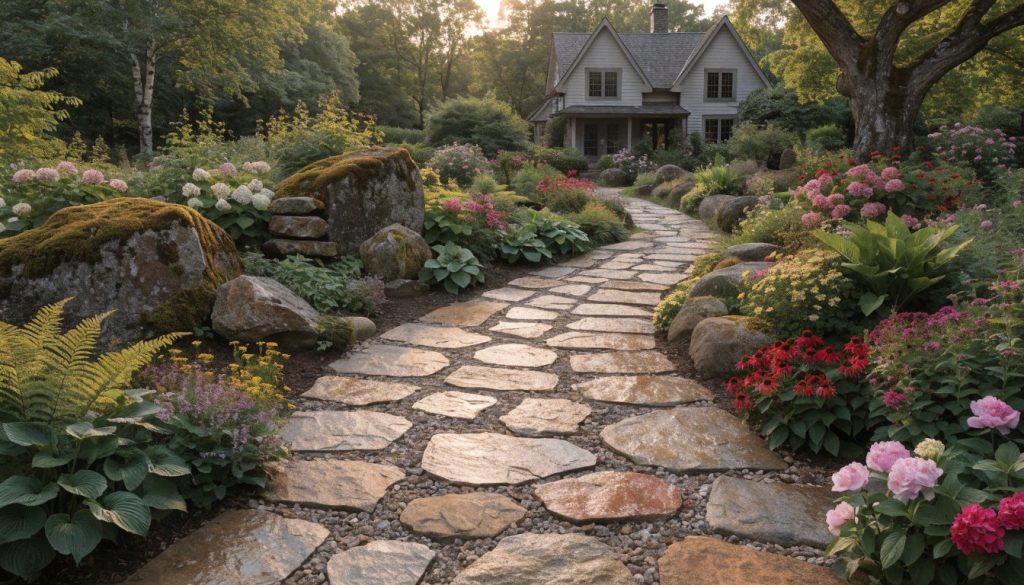 Winding stone walkway through a landscaped garden at golden hour