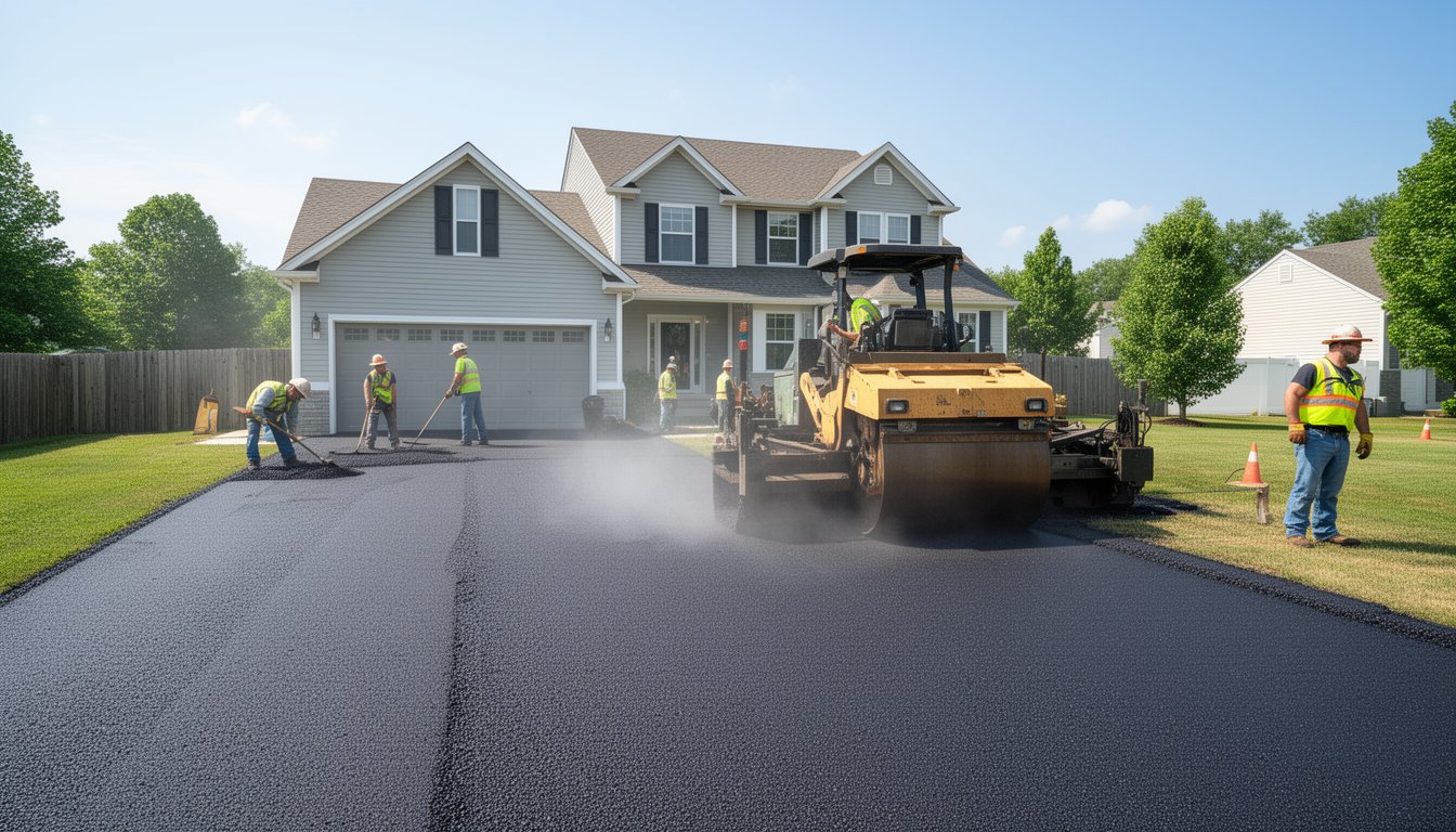 Heavy roller compacting fresh asphalt driveway by Asphalt & Concrete Solutions