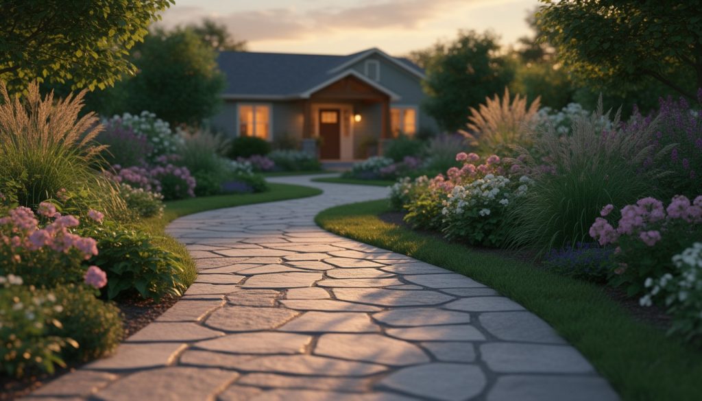 Golden hour light over a serene garden stone pathway