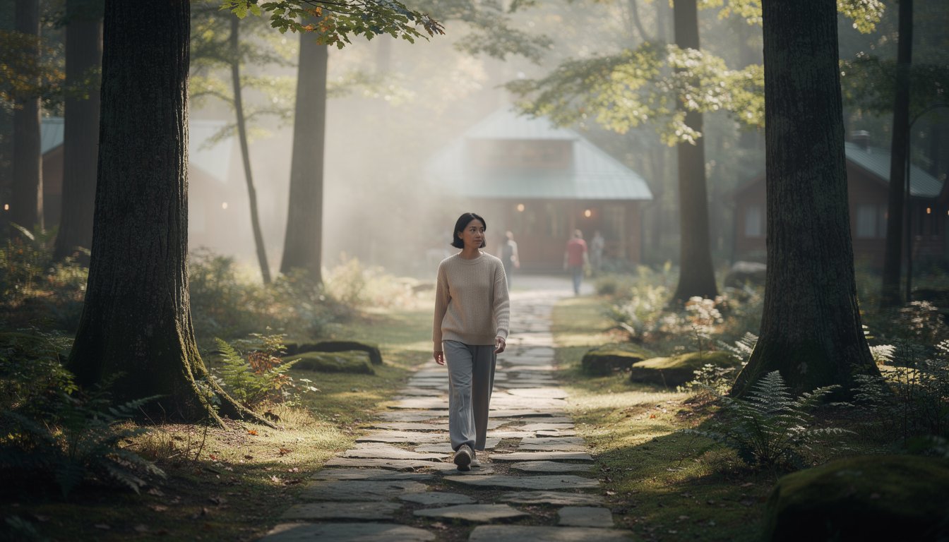 Peaceful forest stone walkway near a residential retreat center with soft morning light