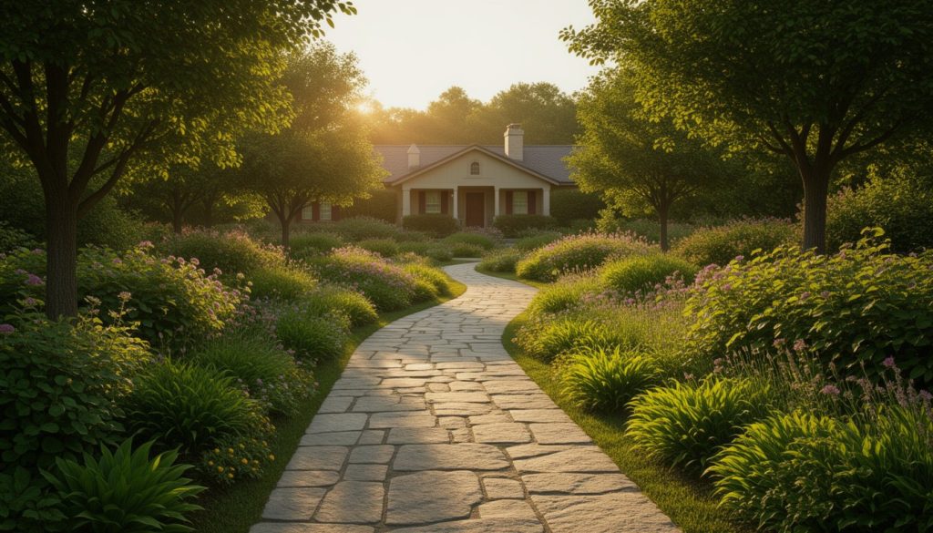 Curved stone walkway leading toward a cozy residential retreat home