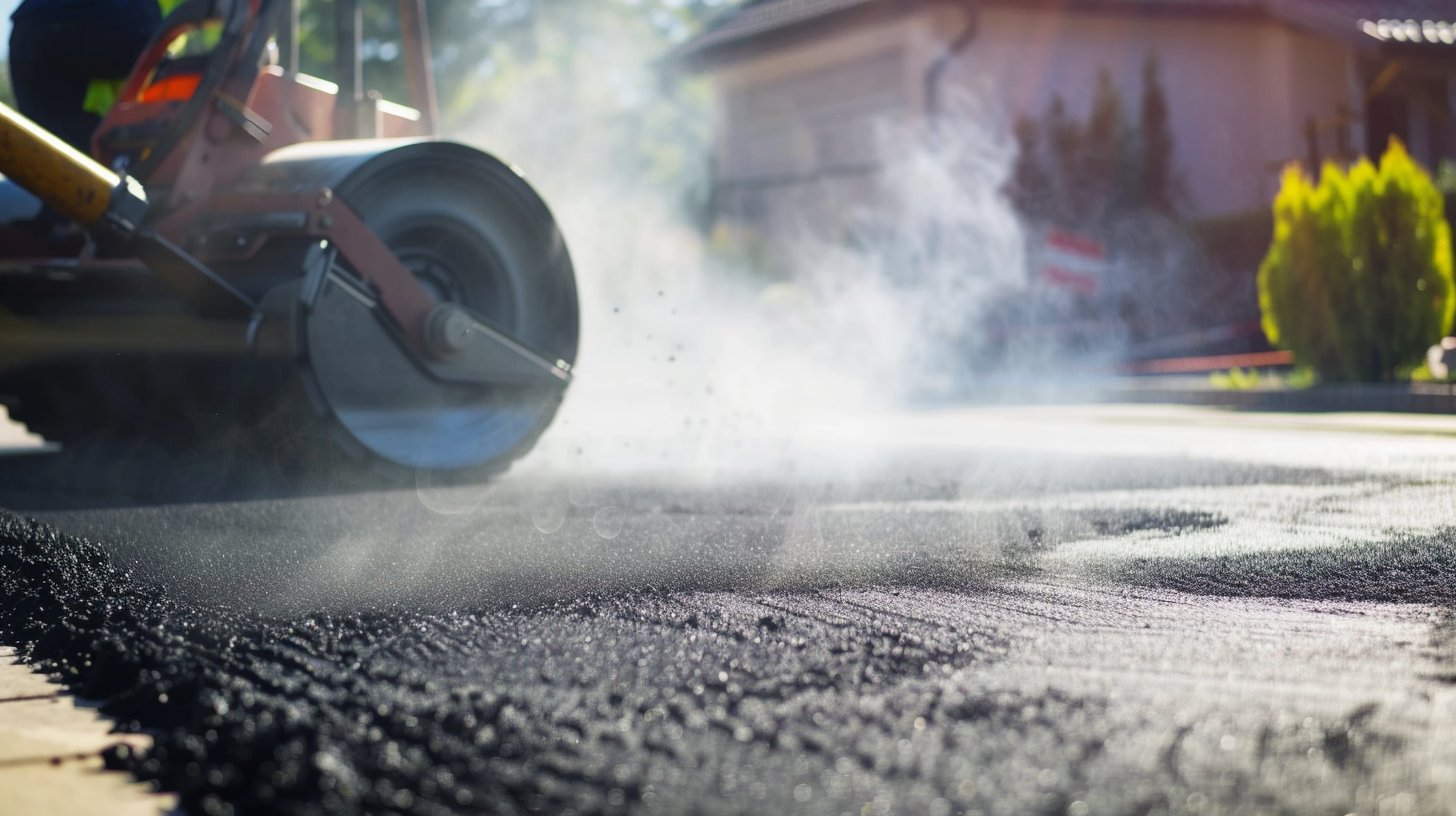 Asphalt & Concrete Solutions installing new blacktop in clean suburban setting