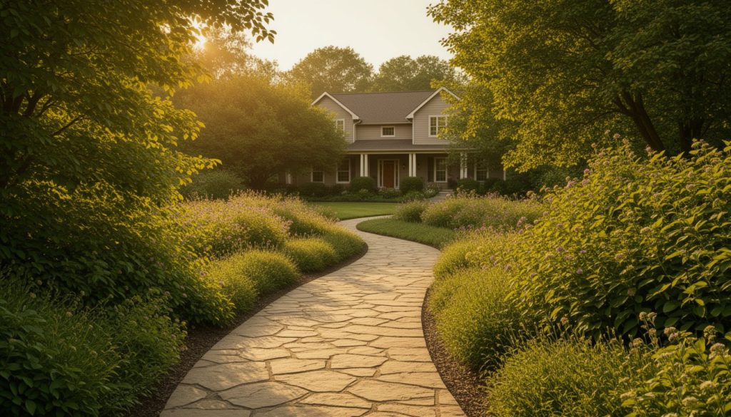 Flower-lined stone pathway glowing in warm evening sunlight