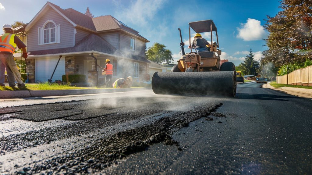 Asphalt & Concrete Solutions resurfacing residential driveway with heavy roller