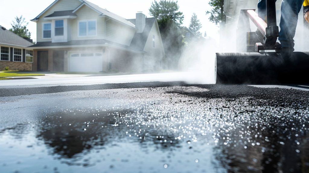 Asphalt & Concrete Solutions compacting black asphalt on suburban property