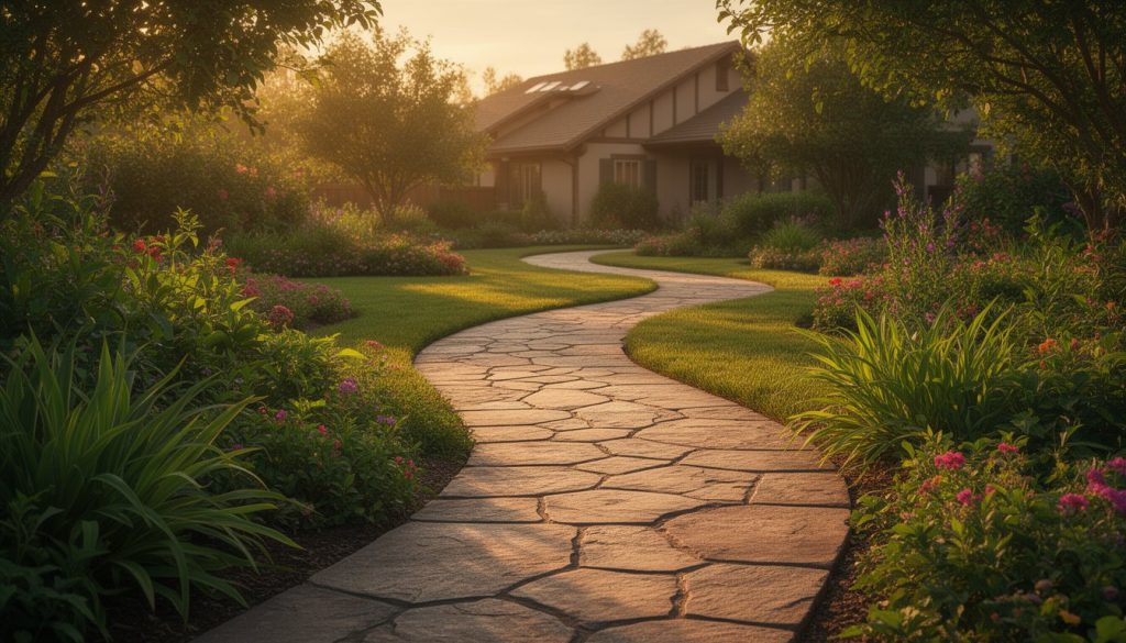Peaceful residential-style retreat with a sunlit stone walkway