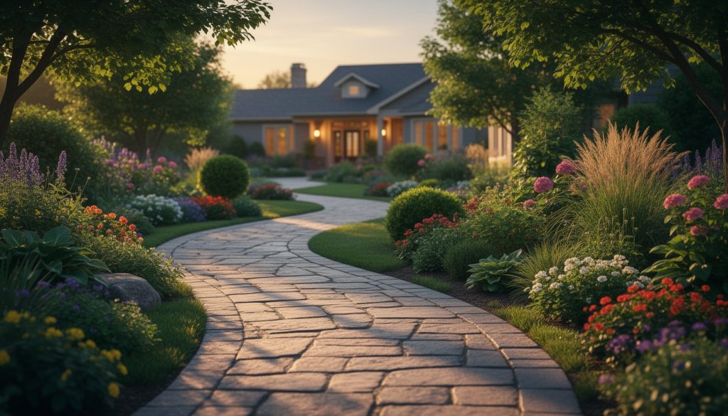 Calm garden setting with textured stone walkway and lush plants