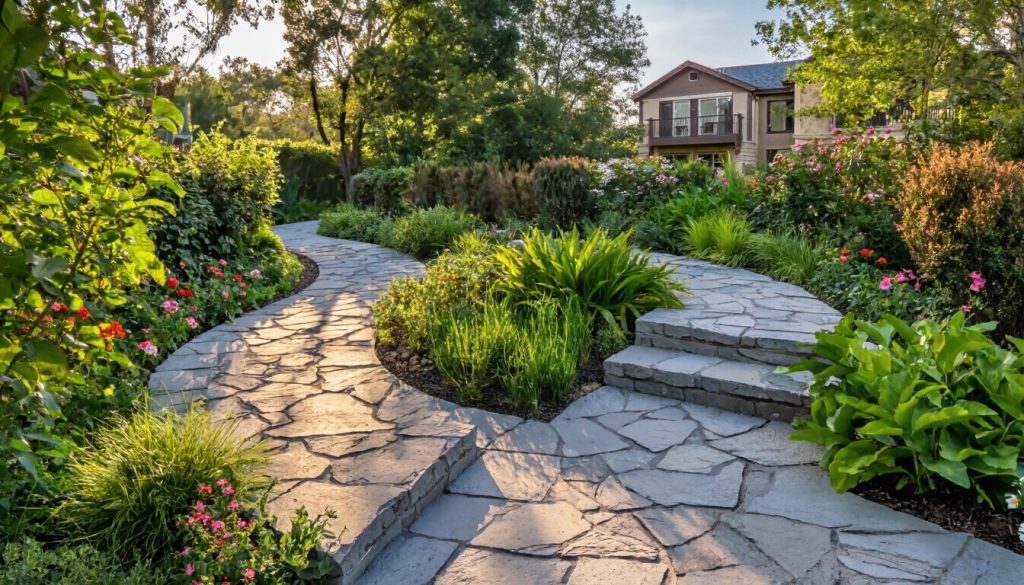 Landscaped garden with vibrant greenery and winding stone path
