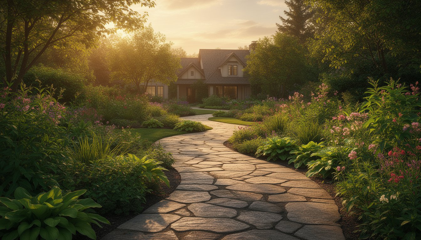 Sunlit garden path with textured stones and blooming flowers