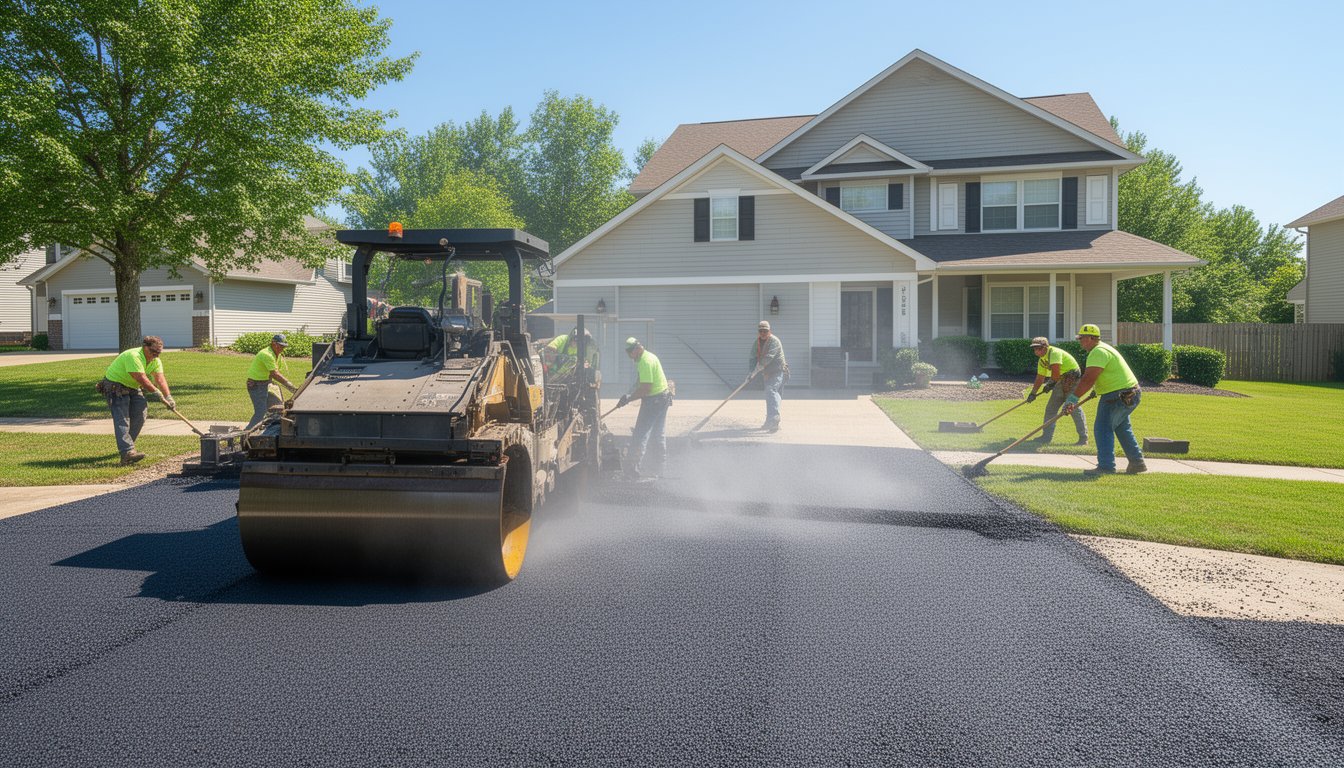 Asphalt & Concrete Solutions paving team resurfacing a suburban home driveway