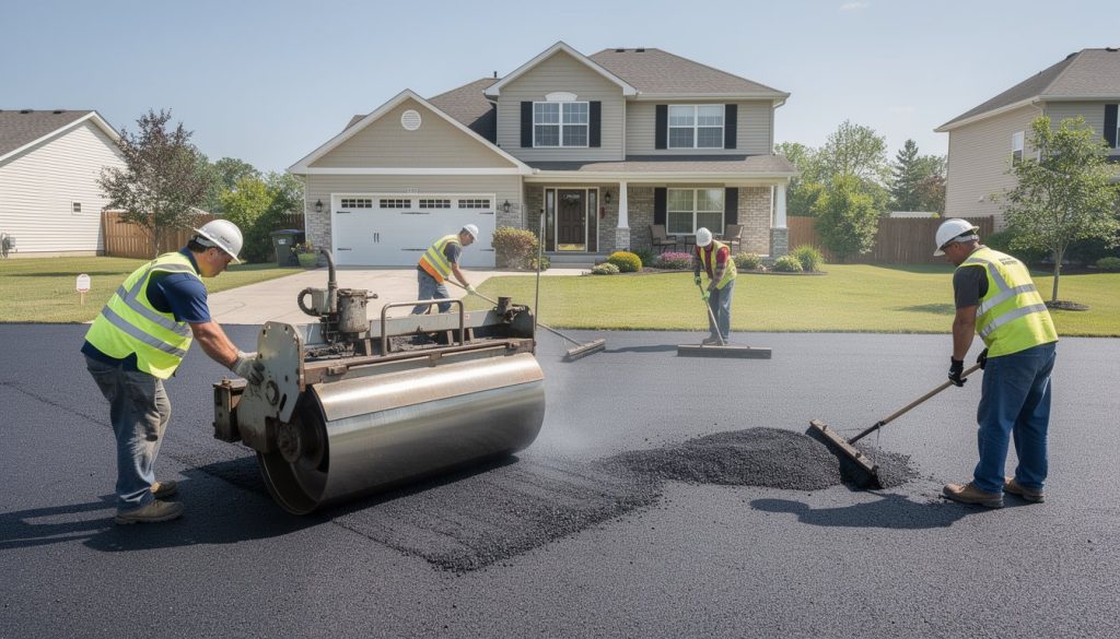 Bright daytime asphalt driveway installation by Asphalt & Concrete Solutions