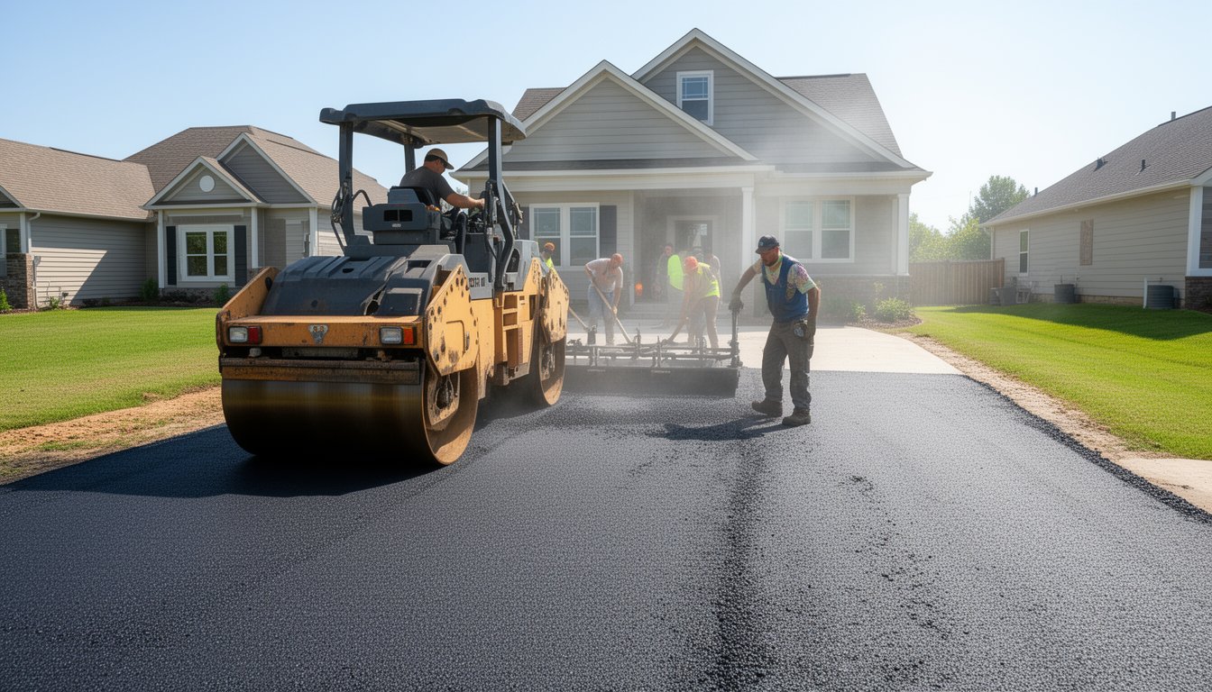 Workers from Asphalt & Concrete Solutions laying new asphalt driveway in suburban neighborhood