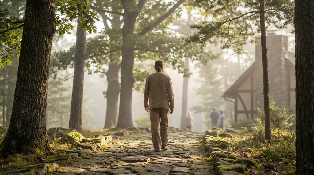 Adult walking peacefully on a rustic path in a serene woodland setting