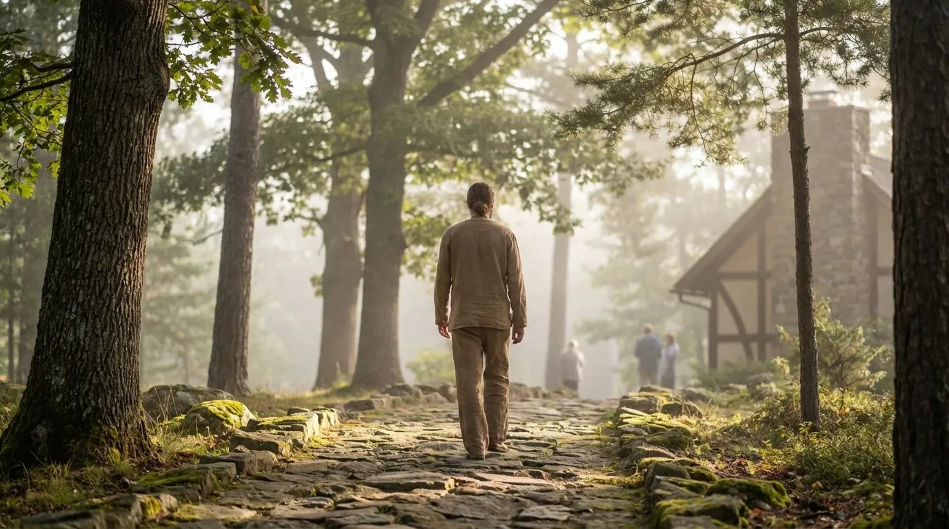 Adult walking peacefully on a rustic path in a serene woodland setting