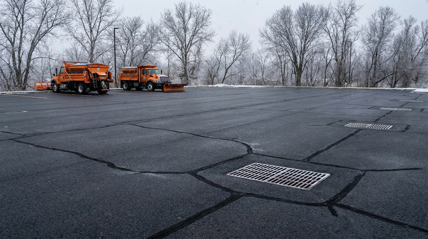 Snow plow trucks parked in a cleared commercial parking lot with cracked asphalt and drainage grates during light snowfall.