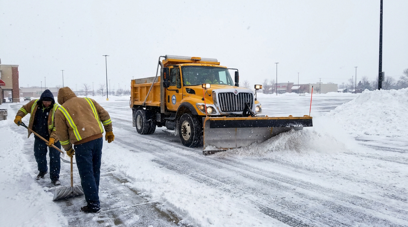Snow removal crew shoveling a commercial parking lot while a plow truck clears accumulated snow.