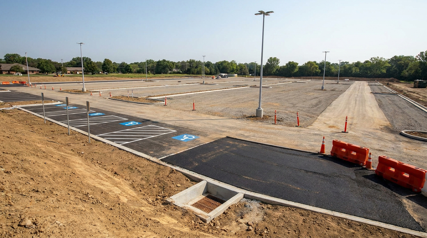 Newly constructed commercial parking lot with fresh asphalt, accessible parking spaces, drainage, and installed light poles.