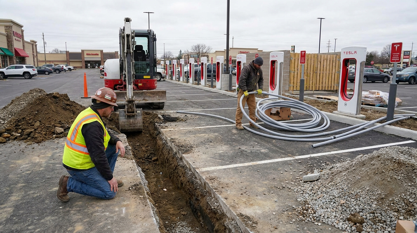 Construction crew installing underground conduit for EV charging stations in a commercial parking lot.