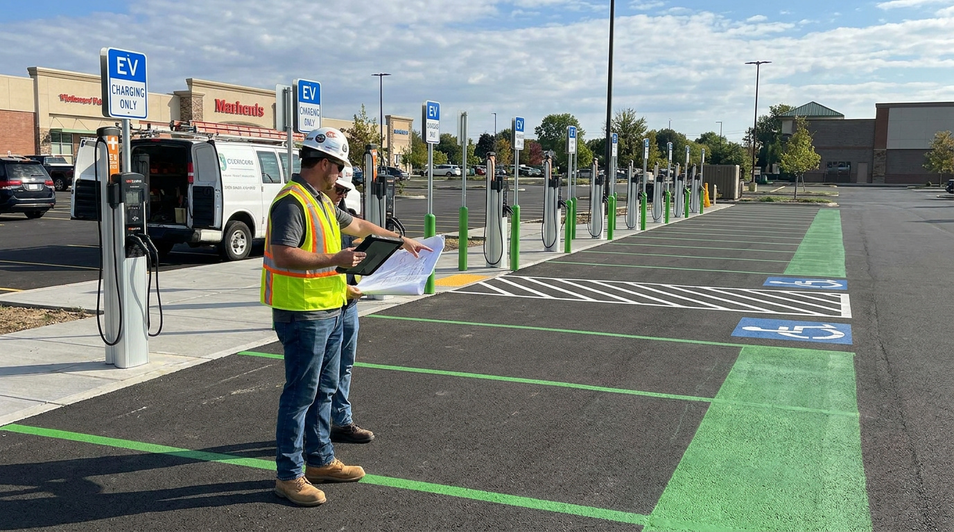 Workers reviewing plans beside EV charging stations in a commercial parking lot with marked accessible spaces.