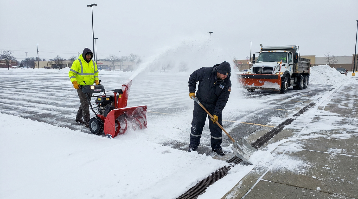 Snow removal crew clearing a commercial parking lot with a snowblower, shovel, and plow truck.