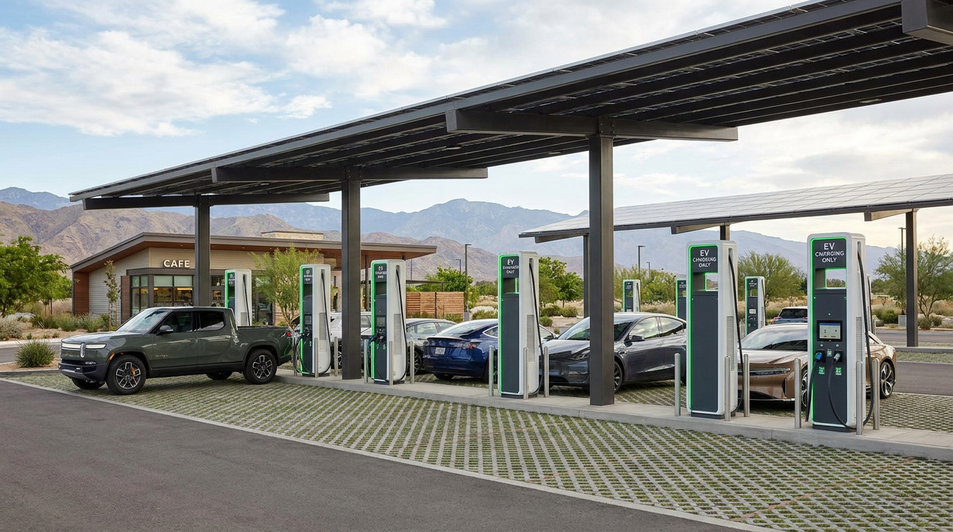 Electric vehicles charging beneath solar canopies at a modern EV charging station.