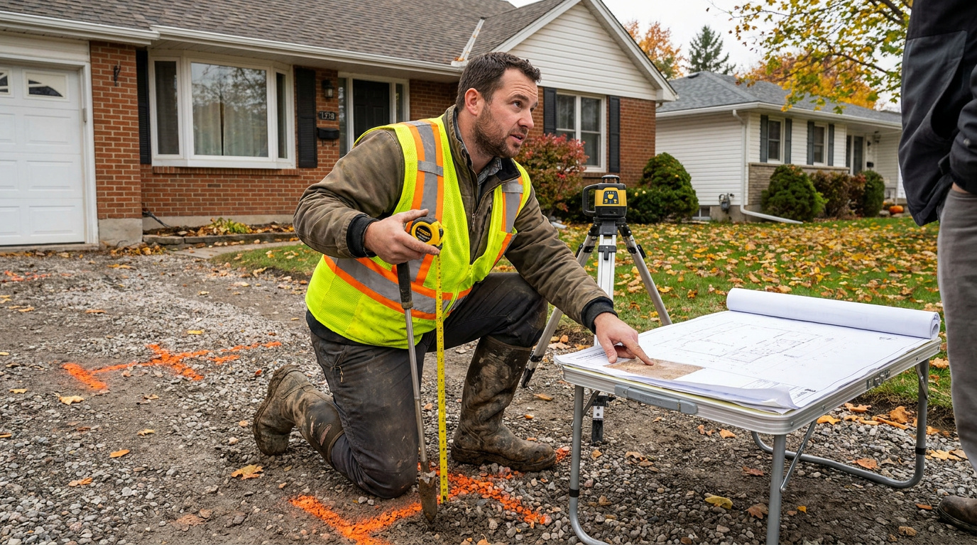 Contractor measuring a residential driveway construction area while reviewing site plans and survey markings.