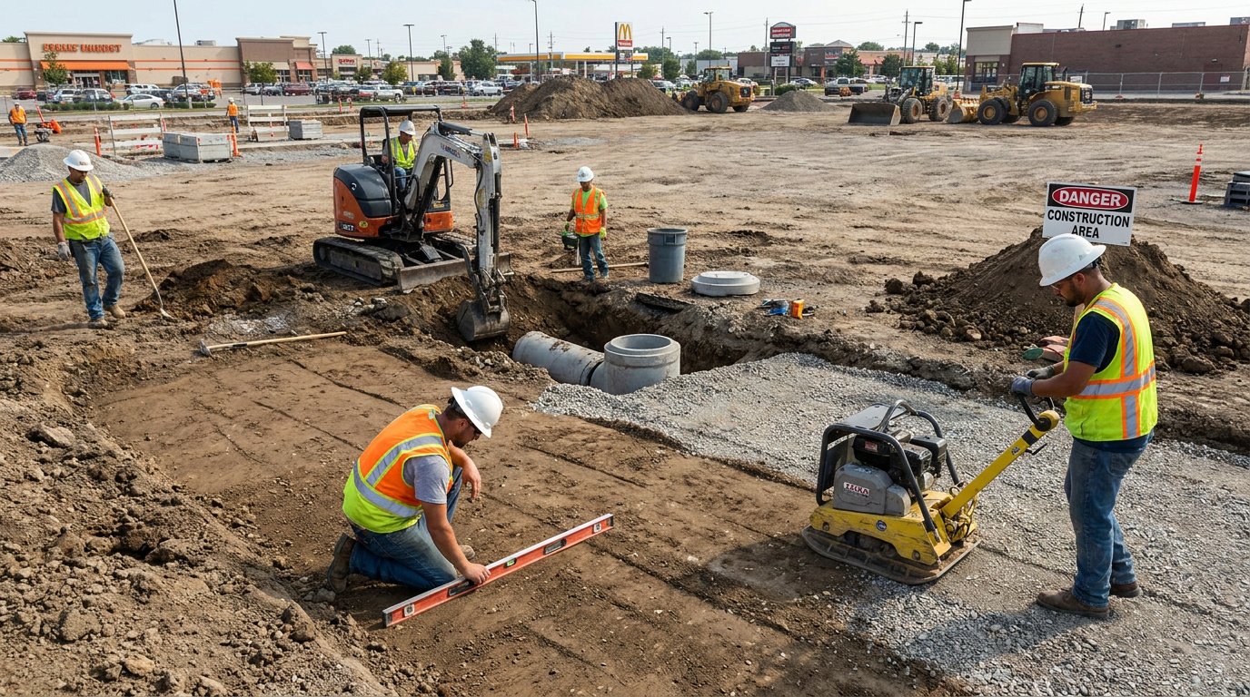 Construction crew grading and compacting a commercial site while installing underground drainage and preparing the base for paving.