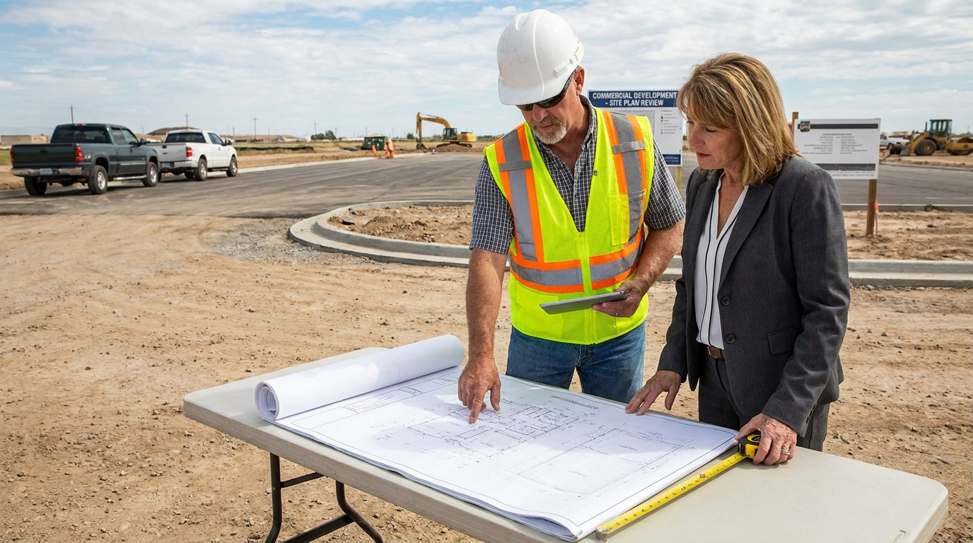 Contractor and project manager reviewing site plans at a commercial construction site with newly paved access roads.