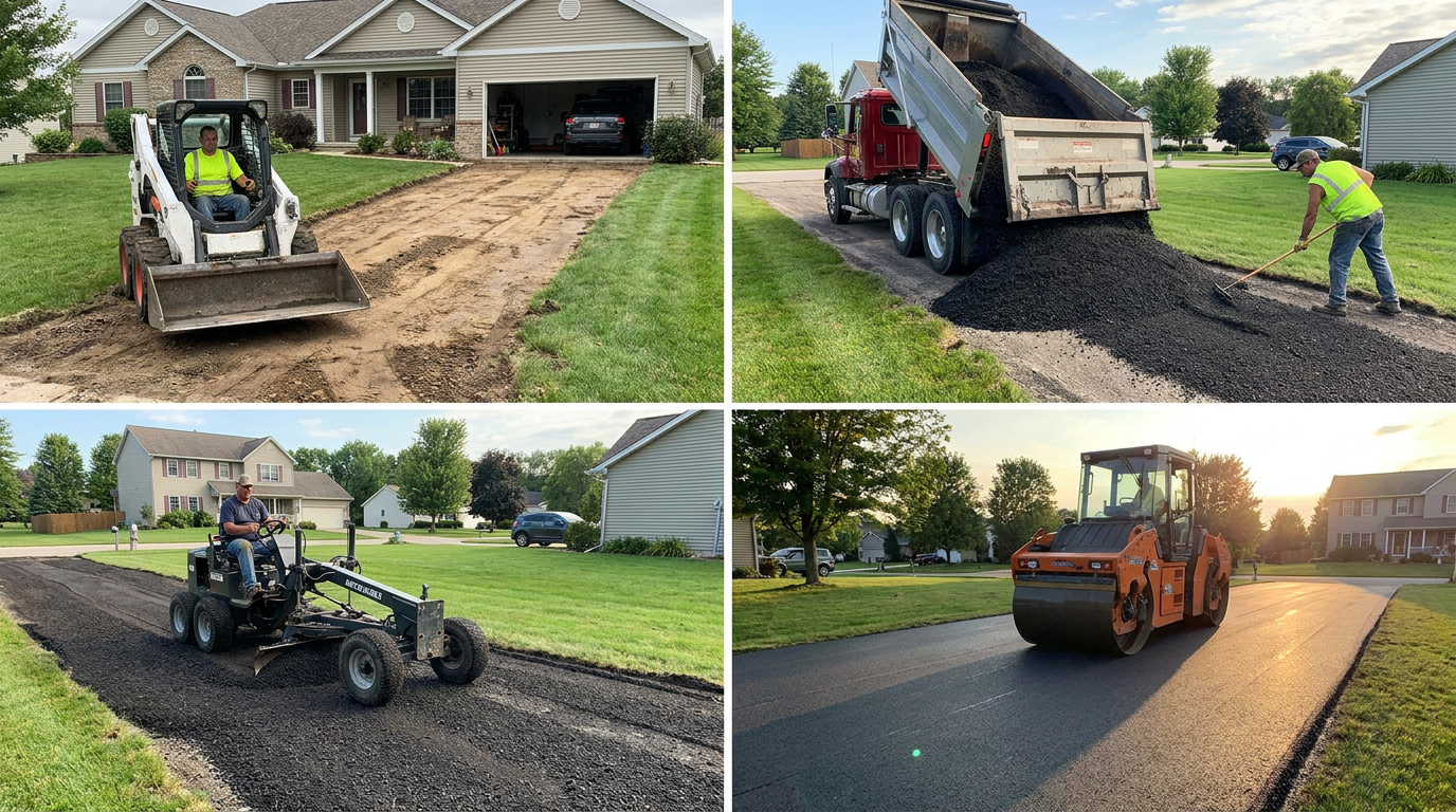 Four-step asphalt driveway installation process showing excavation, asphalt delivery, grading, and compaction with paving equipment.