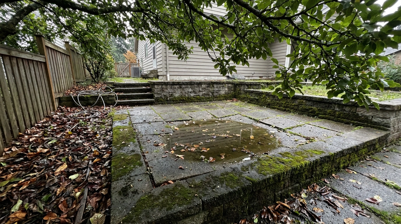 Moss-covered backyard patio with standing water, fallen leaves, and damp stone paving after rain.