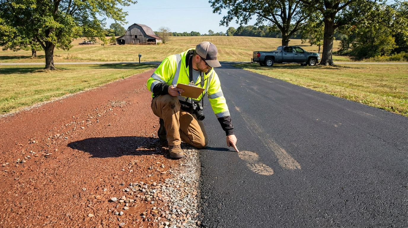 Contractor inspecting a newly paved asphalt driveway and comparing the finished surface with the gravel base.