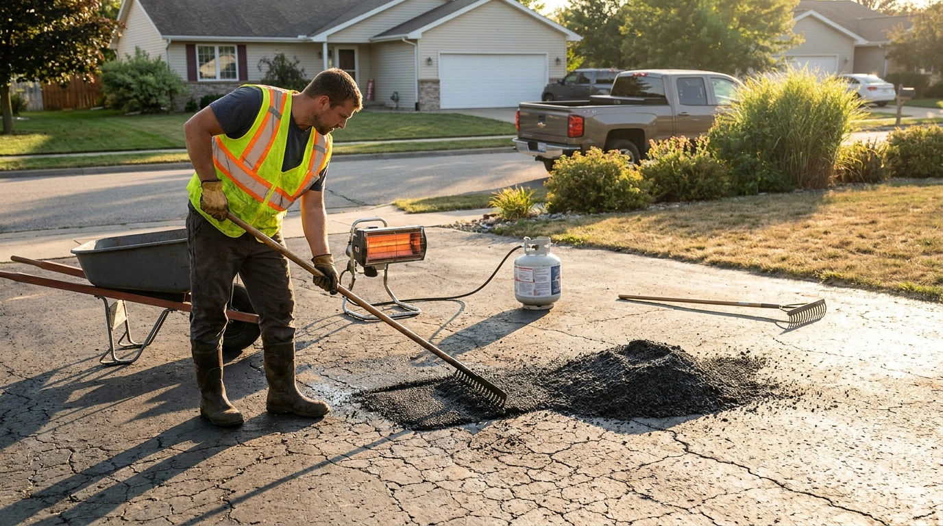 Worker spreading fresh asphalt during an infrared repair on a cracked residential driveway.