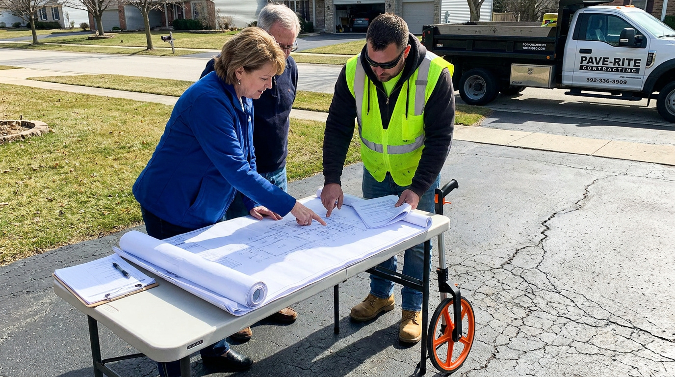 Homeowners and contractor reviewing driveway paving plans on a construction site with measuring tools and cracked asphalt nearby.