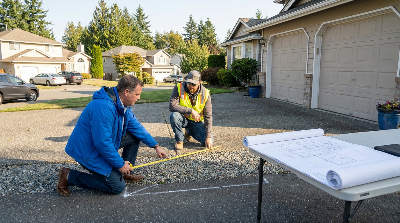 Contractors measuring a residential driveway area and reviewing construction plans for a paving project.