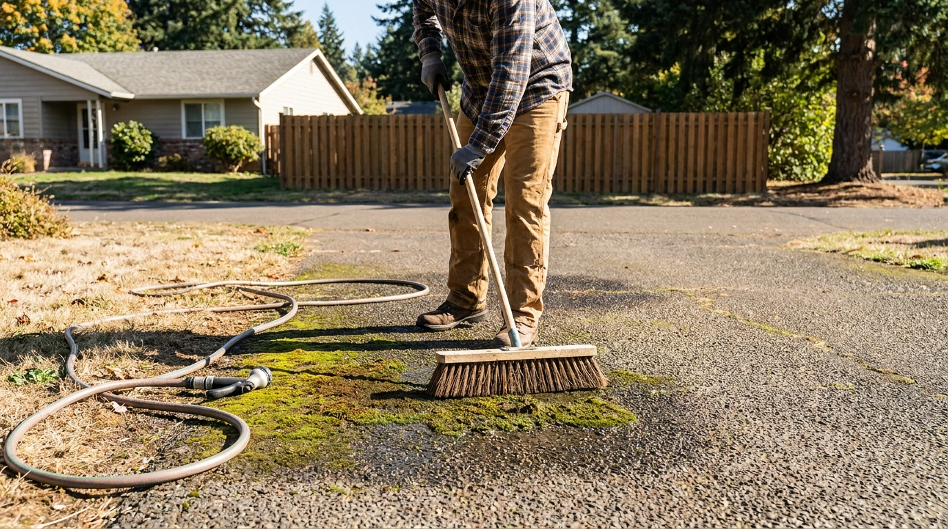 Worker scrubbing moss from an asphalt driveway with a stiff-bristle broom and garden hose nearby.