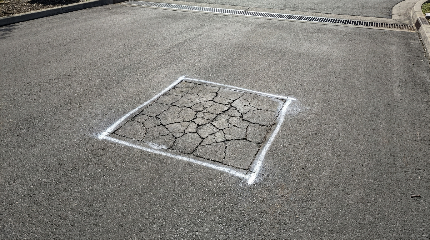 Cracked section of asphalt pavement outlined with white markings for planned repair.
