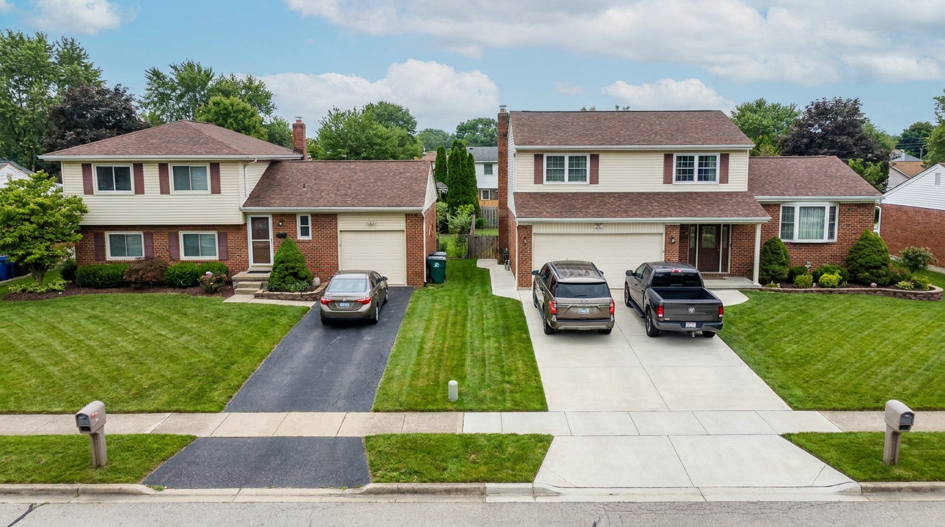 Aerial view of neighboring homes with different residential driveway materials and layouts.