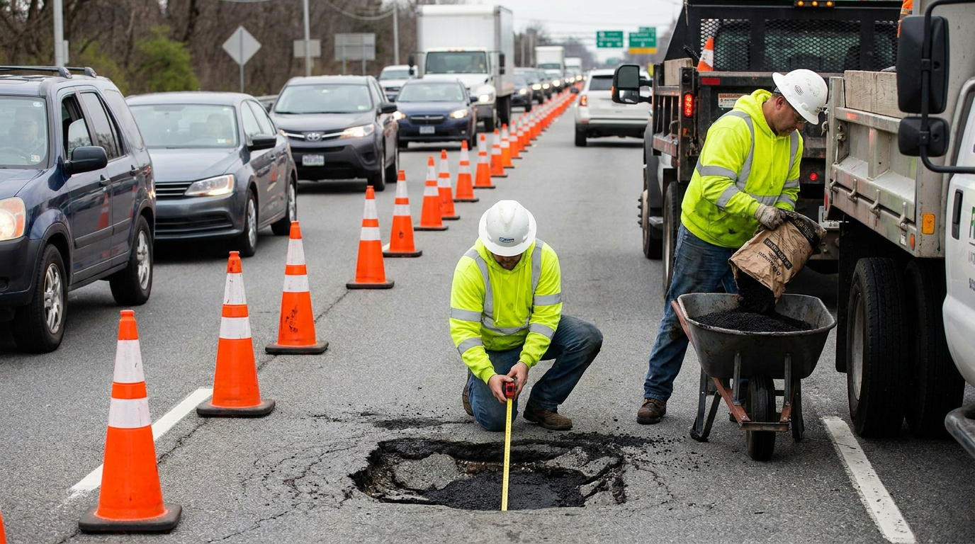 Road crew measuring a deep pothole and preparing asphalt patch material beside an active traffic lane.