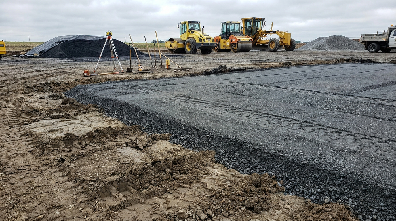 Asphalt paving crew preparing a commercial road surface with rollers, grading equipment, and aggregate materials at a construction site.