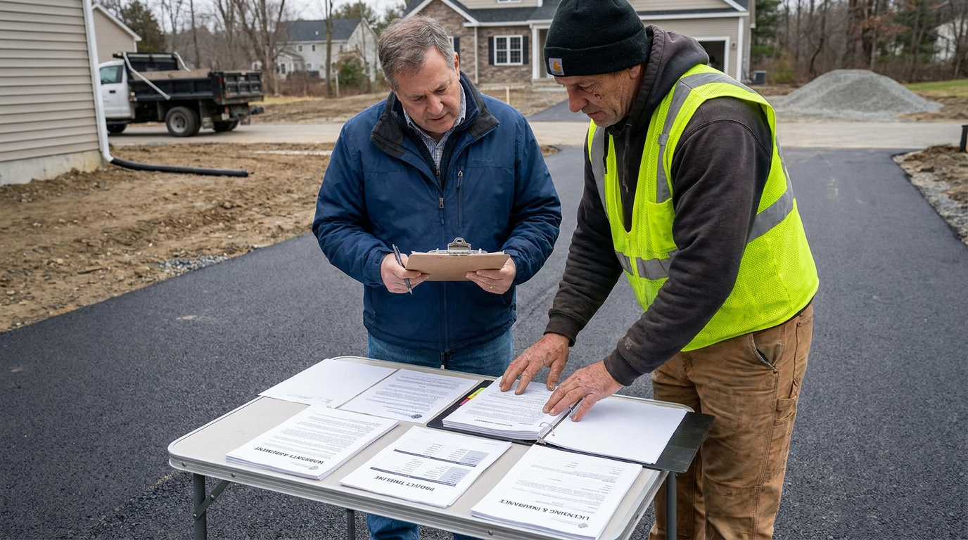 Contractor and homeowner reviewing paving documents and project plans beside a newly paved residential driveway.