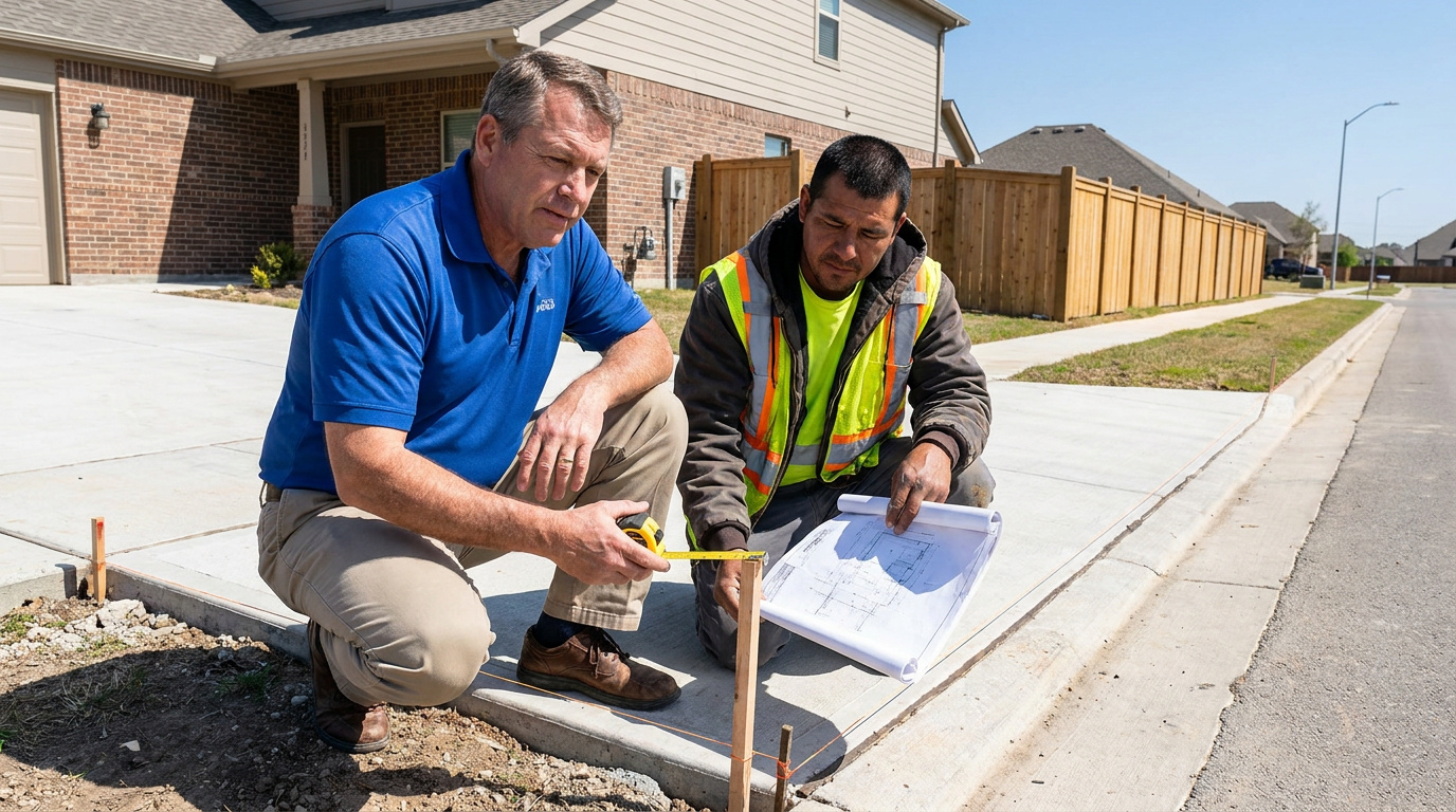 Contractor and homeowner reviewing plans and measuring a residential driveway project near the curb.