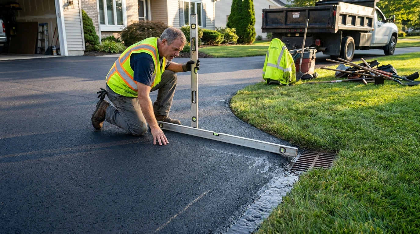 Contractor checking the slope and drainage of a newly paved asphalt driveway near a storm drain.