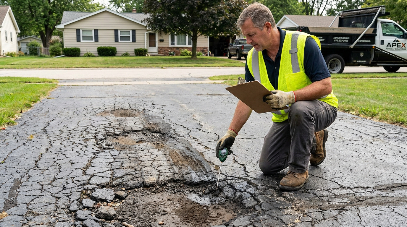 Contractor inspecting and measuring severe cracking and pothole damage on a residential asphalt driveway.