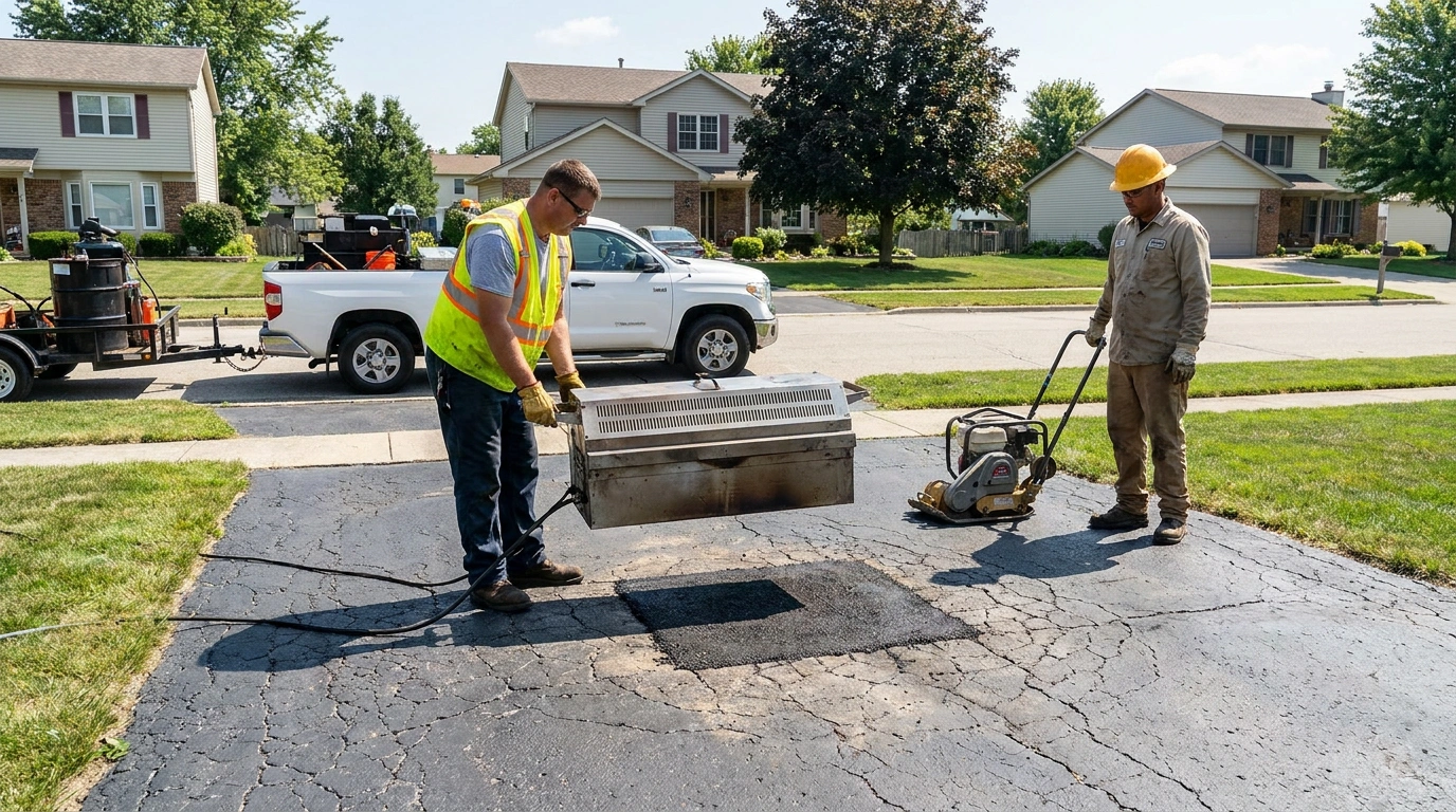 Two workers using infrared heating and compaction equipment to repair a damaged residential asphalt driveway.